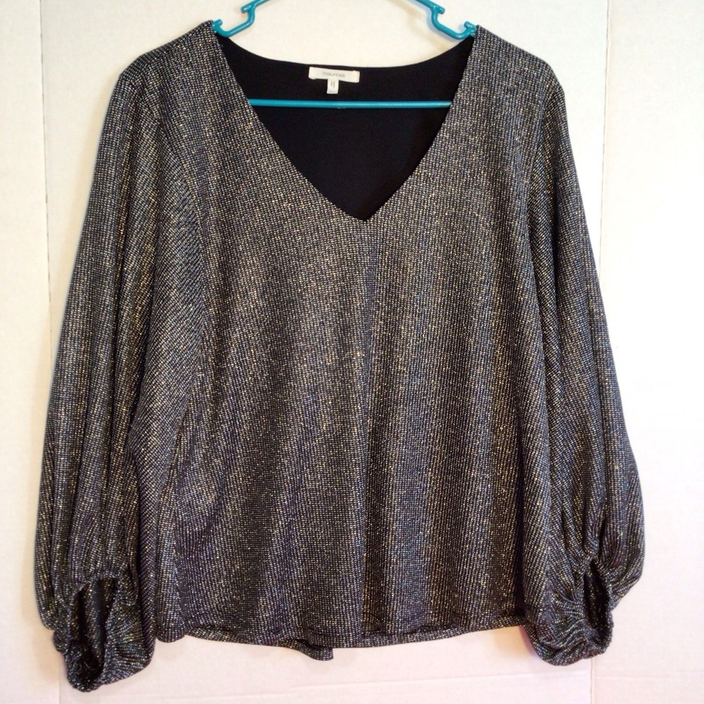 Maurice's Blouse Ladies Medium Black Sequin Glitter Top V Neck Balloon‎ Sleeve